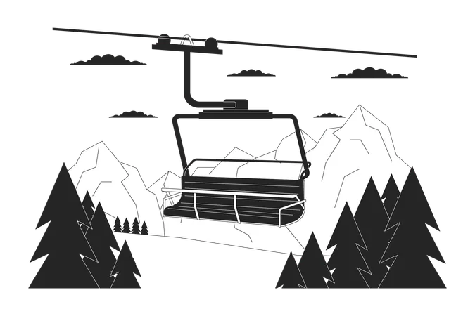 Ski Lift Chair In Forest Mountains Black And White Cartoon Flat Illustration Chairlift At Ski Resort 2 D Lineart Landscape Isolated Elevator Cableway Woodland Monochrome Scene Vector Outline Image Illustration