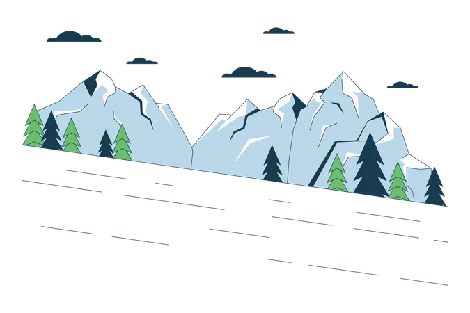 Ski Slope Beside Mountain Forest Line Cartoon Flat Illustration Skiing Downhill 2 D Lineart Landscape Isolated On White Background Mountains Slalom Snow Resort Mountainside Scene Vector Color Image Illustration