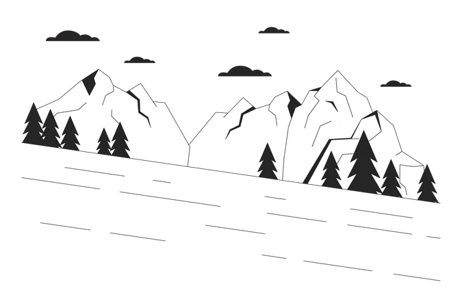 Ski Slope Beside Mountain Forest Black And White Cartoon Flat Illustration Skiing Downhill 2 D Lineart Landscape Isolated Snow Resort Mountainside Slalom Monochrome Scene Vector Outline Image Illustration