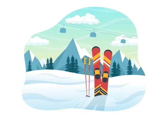Ski Illustration With Skiers Sliding Near Mountain Going Downhill In Skiing Resort In Flat Winter Sport Activities Cartoon Hand Drawn Templates Illustration