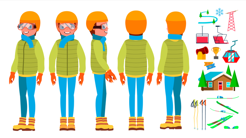 Skiing Man In Different Pose With Equipment Illustration