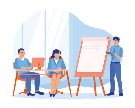 Skilled and intelligent leader giving educational workshop presentations in office  Illustration