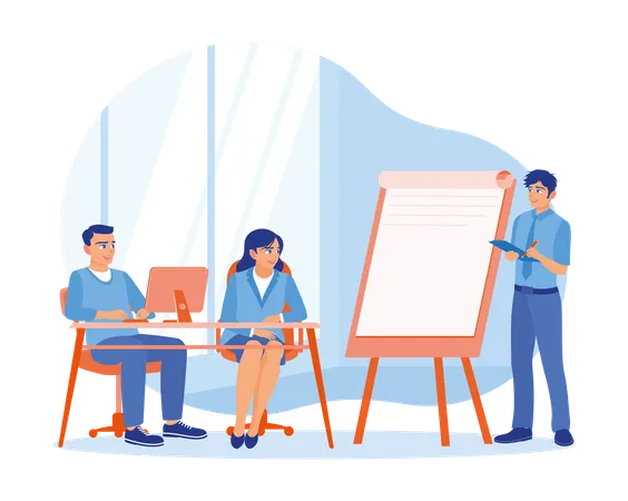 Skilled and intelligent leader giving educational workshop presentations in office  Illustration