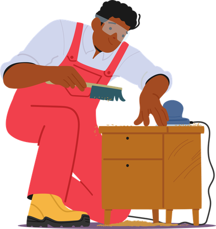 Skilled Carpenter Is Carefully Sanding And Polishing Wooden Cabinet  Illustration