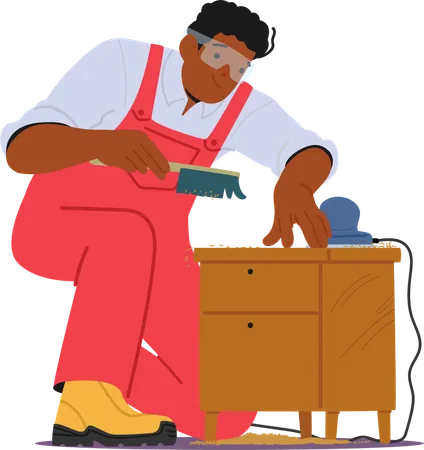 Skilled Carpenter Is Carefully Sanding And Polishing Wooden Cabinet  Illustration