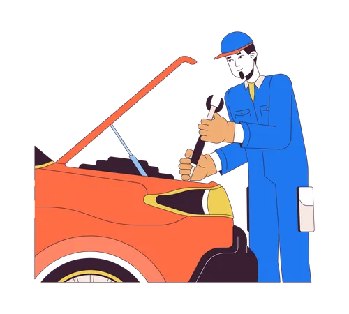 Skilled Caucasian Mechanic Repairing Car 2 D Linear Cartoon Character Male Worker At Auto Service Isolated Line Vector Person White Background Vehicle Maintenance Color Flat Spot Illustration Illustration