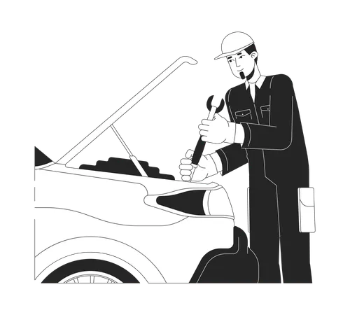 Skilled Caucasian Mechanic Repairing Car Black And White 2 D Line Cartoon Character Male Worker At Auto Service Isolated Vector Outline Person Vehicle Maintenance Monochromatic Flat Spot Illustration Illustration