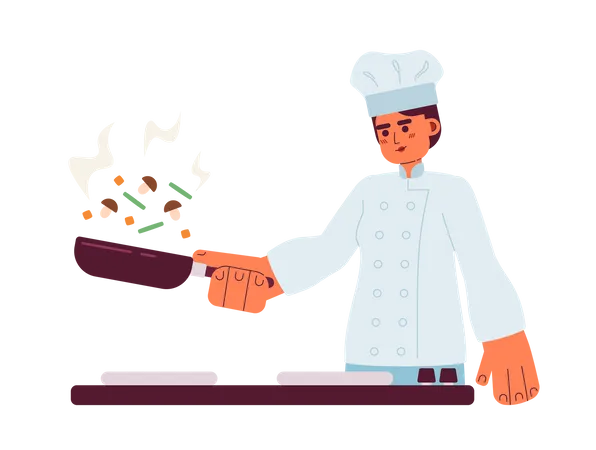 Skilled Chef Flipping Vegetables Semi Flat Colorful Vector Character Editable Half Body Caucasian Cooking Person On White Simple Cartoon Spot Illustration For Web Graphic Design Illustration