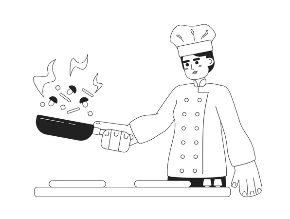 Skilled Chef Flipping Vegetables Monochromatic Flat Vector Character Editable Thin Line Half Body Young Man In Uniform Cooking On White Simple Bw Cartoon Spot Image For Web Graphic Design Illustration