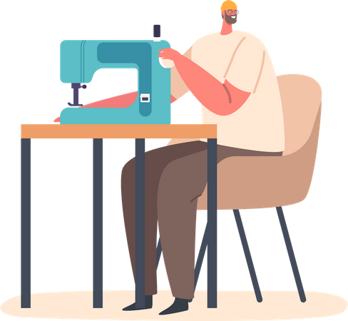 Skilled Male Operating A Sewing Machine  Illustration