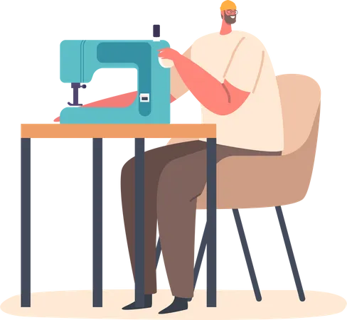 Skilled Male Operating A Sewing Machine  Illustration