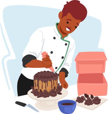 Skilled man decorating cake with chocolate  Illustration