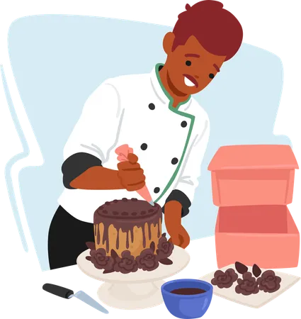 Skilled man decorating cake with chocolate  Illustration