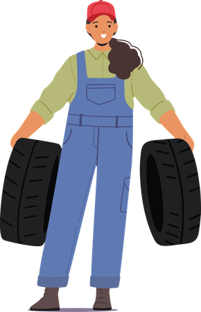 Skilled Woman Garage Mechanic Confidently Holding Tires  일러스트레이션