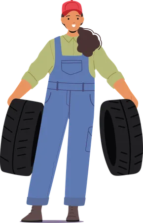Skilled Woman Garage Mechanic Confidently Holding Tires  Illustration