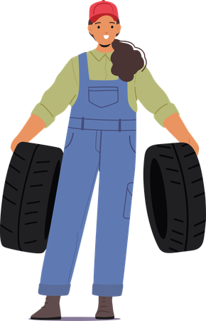 Skilled Woman Garage Mechanic Confidently Holding Tires  Illustration