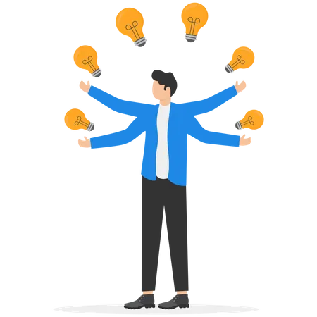 Creativity And Ideas Innovation Or Skill To Success In Business Skillful Businessman Juggling Lightbulb Lamp Metaphor Of Plenty Ideas Illustration