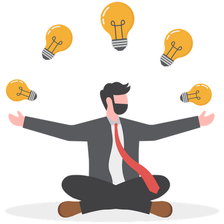 Skillful businessman juggling lightbulb lamp metaphor of plenty ideas  Illustration