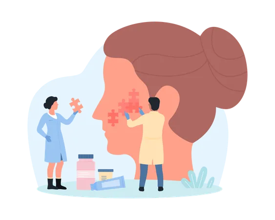 Skin Renewal Through Medical Therapy And Spa Rejuvenation Treatments Vector Illustration Cartoon Tiny People Connect Puzzle Pieces On Abstract Womans Face Work On Regeneration Of Epidermis Structure イラスト