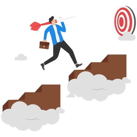 Skipping Step Success In Career Or Speedy Reaching Goal Fast Growth Mindset Of Life Or Organization Concept Businessmen Jump Over Steps To Bring Shiny Lightbulbs To The Target Illustration
