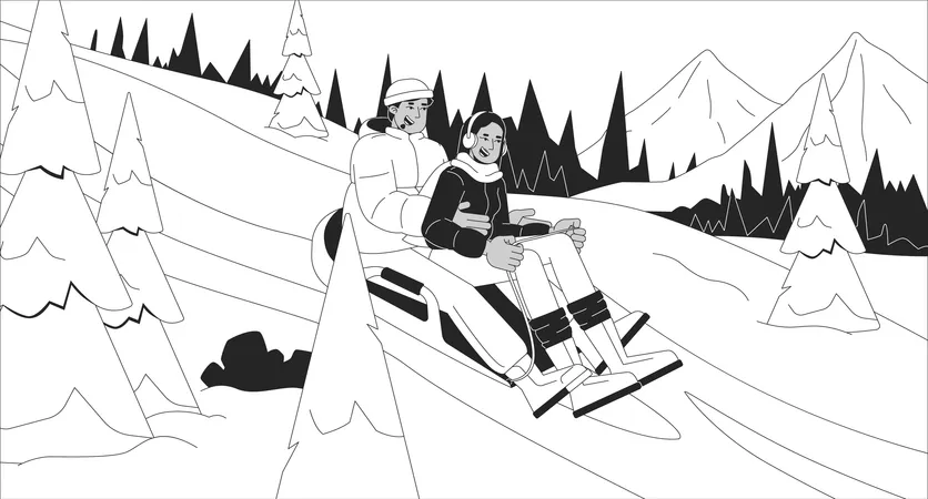 Sledding people on snowy mountain slope  Illustration