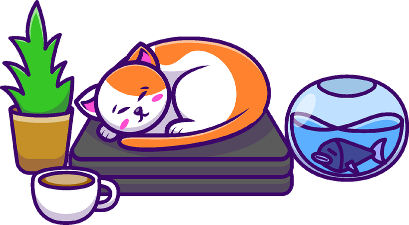 Sleeping Cat And Laptop  Illustration