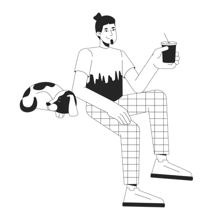 Sleeping Dog And Happy Guy Chilling With Drink Black And White 2 D Line Cartoon Character Adult Man Drinking Cocktail Isolated Vector Outline Person Rest With Pet Monochromatic Flat Spot Illustration Illustration