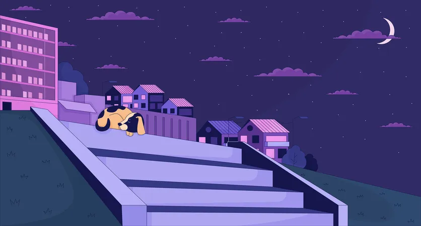 Sleeping Dog On Hillside Stairs Cityscape 2 D Cartoon Background Stray Puppy Resting Stone Steps Colorful Aesthetic Vector Illustration Nobody Night Town Hill Flat Line Wallpaper Art Lofi Image Illustration