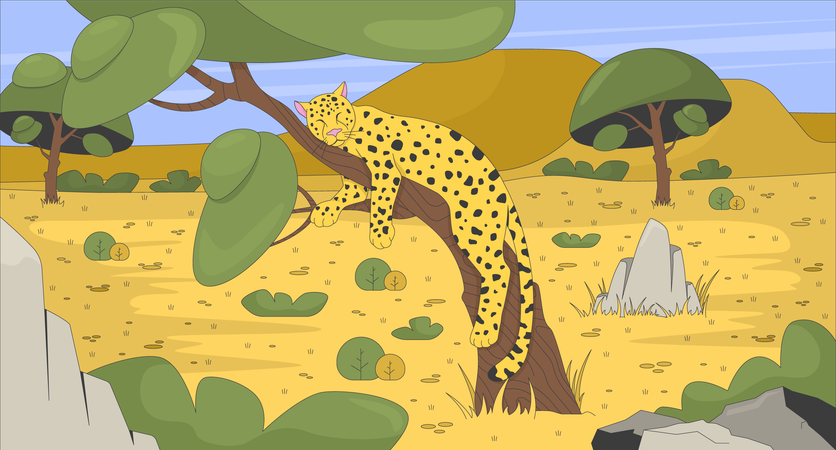 Sleeping leopard on tree in african savanna  Illustration