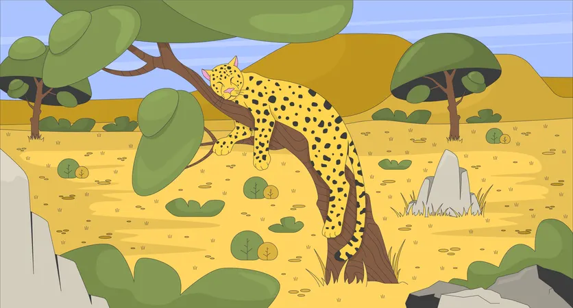 Sleeping leopard on tree in african savanna  Illustration