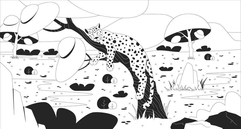 Sleeping leopard on tree in african savanna  Illustration