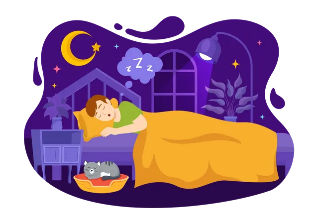 Sleep Vector Illustration With Happy Young Person Is Fast Asleep And Having A Sweet Dream In Healthcare Hand Drawn Background Night Templates イラスト