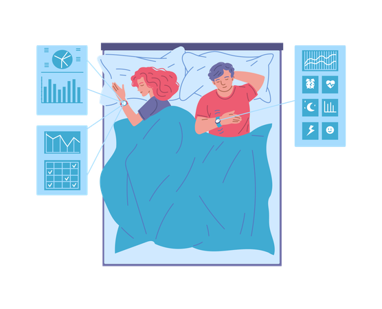 Sleeping man and woman with smart bracelets  Illustration