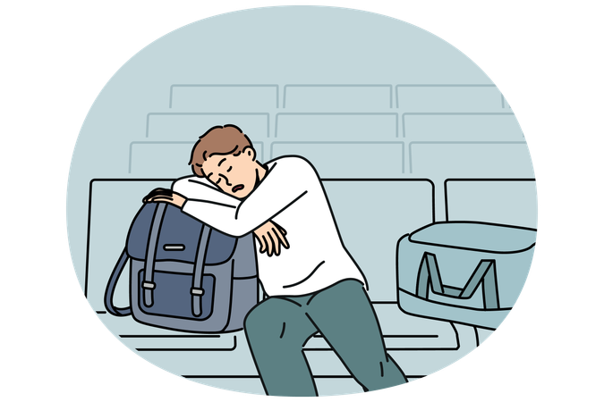 Sleeping man sitting in lounge area at airport and waits for arrival plane delayed due to bad weather  Illustration