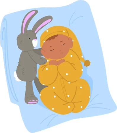 Sleeping newborn wearing cute nightdress lying in bed with favorite bunny toy  Illustration