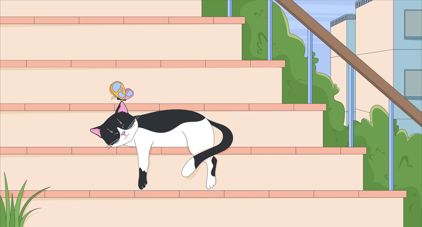 蝶と一緒に屋外の階段で眠るタキシード猫  イラスト