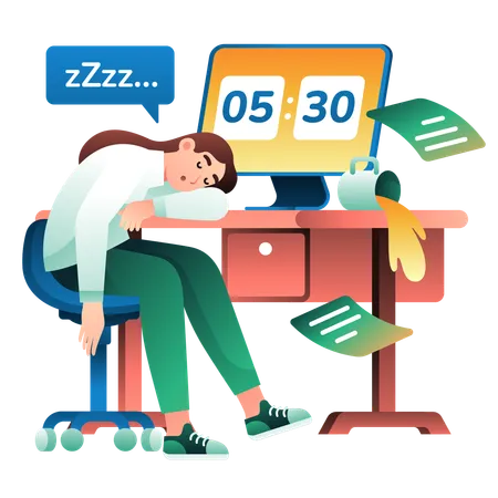 An Illustration Of Sleeping While Overtime At Office Illustration
