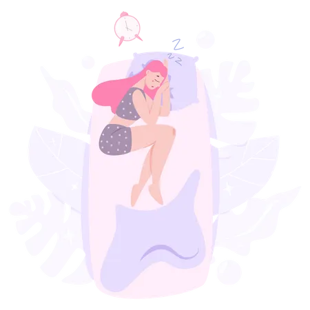 Woman Sleeping Person Rest In The Bed On The Pillow Late At Night Peaceful Dream And Relax Vector Illustration In Cartoon Style Illustration