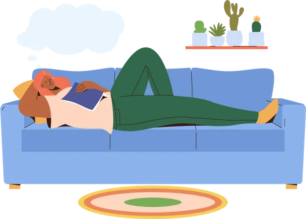 Sleeping Woman On Comfortable Sofa With Fallen Book Enjoys Weekend Recreation Vector Illustration Relaxed Lazy Female Character Dreaming Imagining Something Pleasant Watching Sweet Dreams At Home Illustration