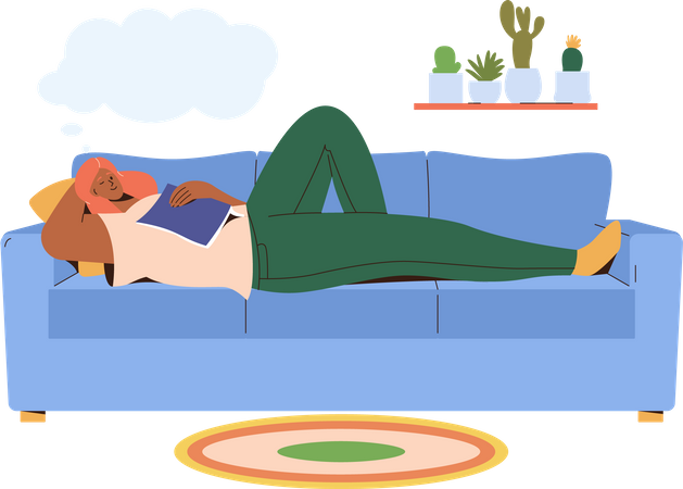 Sleeping woman on sofa with fallen book enjoying weekend recreation  Illustration