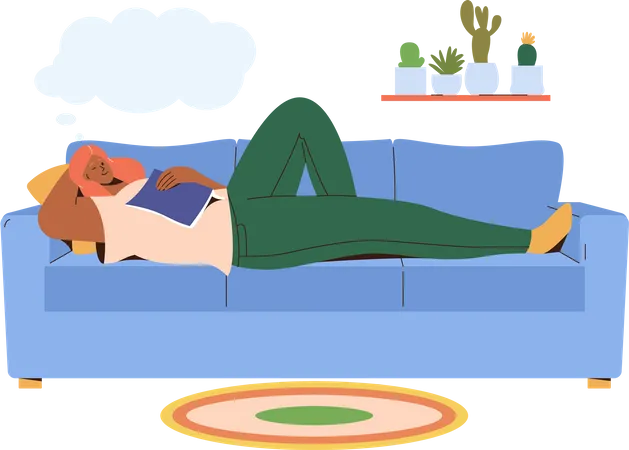 Sleeping woman on sofa with fallen book enjoying weekend recreation  Illustration