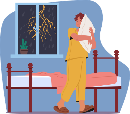 Sleepwalker Wanders In Bedroom Holding Pillow While Thunderstorm Rages Outside Window  Illustration