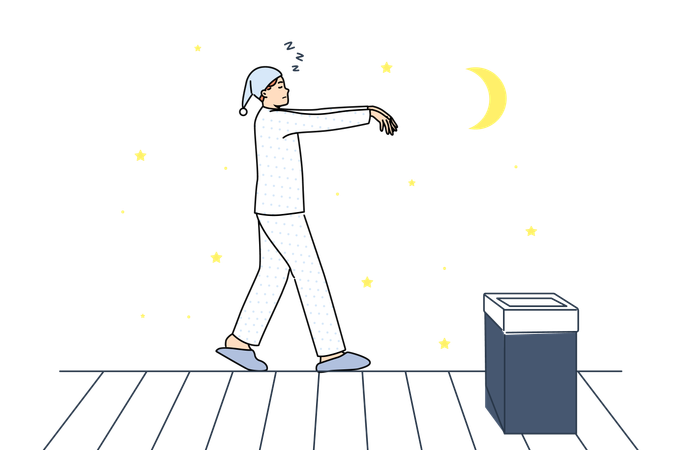Sleepwalking man walking on roof of house at night and walking in unconscious state due to somnambulism  Illustration
