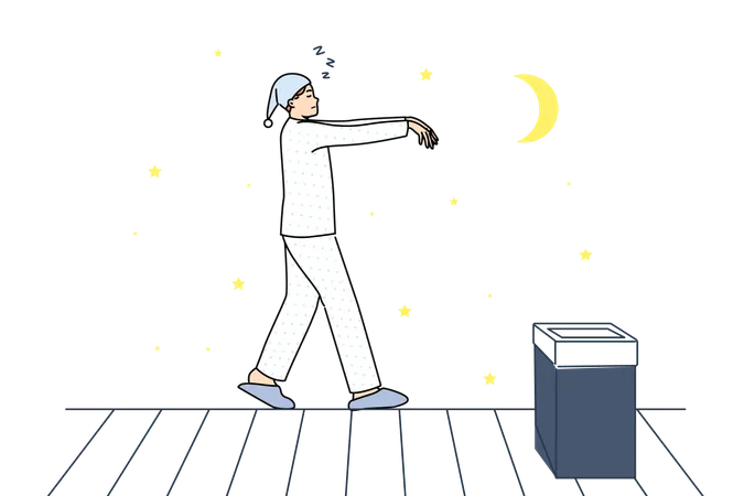 Sleepwalking man walking on roof of house at night and walking in unconscious state due to somnambulism  Illustration