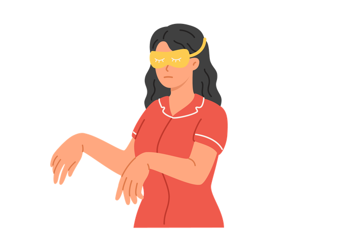 Sleepwalking woman with sleep mask stands in room with arms forward and moves around in sleep  Illustration