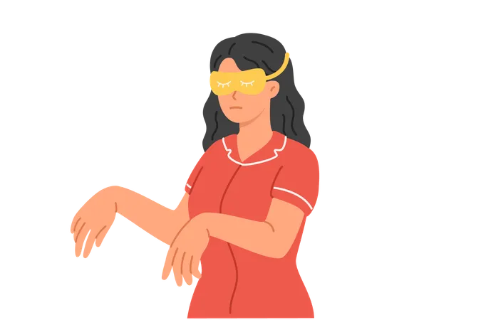 Sleepwalking Woman With Sleep Mask Stands In Room With Arms Forward And Moves Around In Sleep Sleepwalking Girl In Pajamas Suffers From Mental Disorder That Causes Uncontrolled Movements At Night Illustration