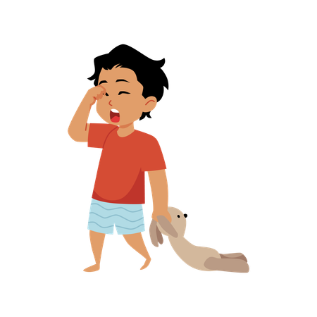 Sleepy boy holding a toy rabbit and yawning while rubbing his eye  Illustration