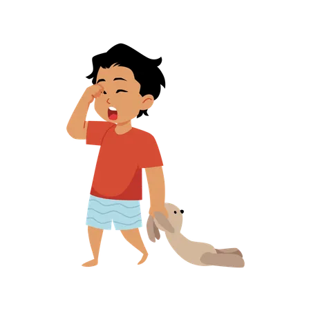 Sleepy boy holding a toy rabbit and yawning while rubbing his eye  Illustration