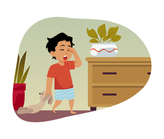 おもちゃのウサギを抱きしめるパジャマ姿の眠そうな男の子  イラスト