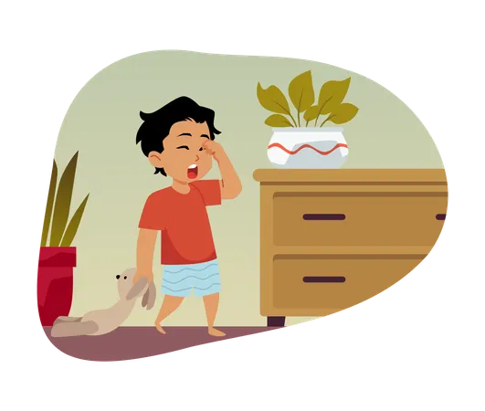 おもちゃのウサギを抱きしめるパジャマ姿の眠そうな男の子  イラスト